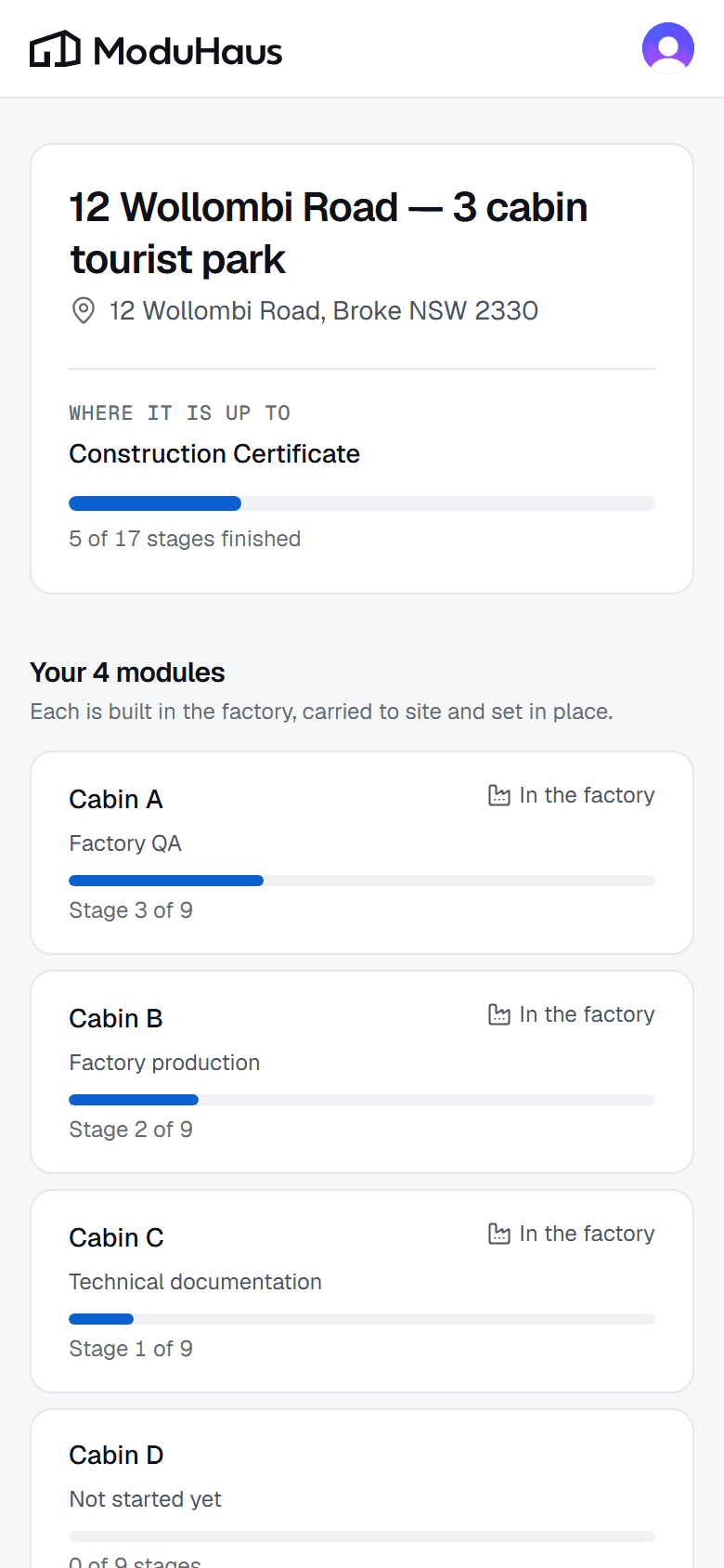 The owner's page on a phone: the job, where it is up to, and each module's stage.